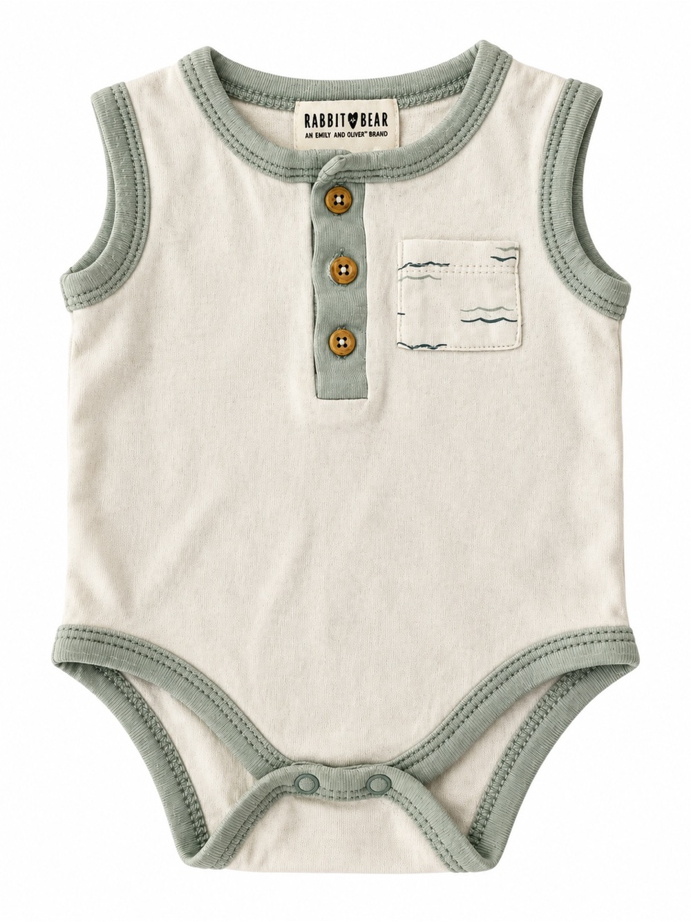 Rabbit and Bear Cream Sleeveless Baby Bodysuit with Sage Trim